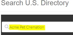 Search by company name, pet aftercare service.